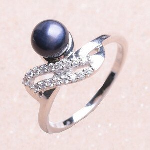 Prsten stříbrný s černou perlou a zirkony Ag 925 017135 BP - 52 mm (US 6), 3,0 g