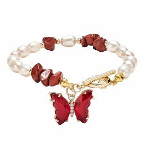 Bílé perly náramek s červeným jaspisem a motýlem - obvod cca 19,5 cm