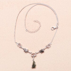 Vltavín, Herkimer diamant a meteorit náhrdelník stříbro Ag 925 LOT19 - 42 - 46 cm, 10,4 g