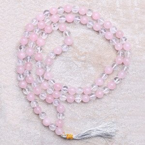 Japa Mala náhrdelník z korálků růženínu a křišťálu - cca 90 cm