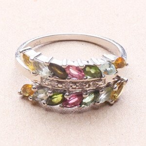Prsten stříbrný s broušenými vícebarevnými turmalíny a zirkony Ag 925 014779 MT - 52 mm (US 6), 3,0 g