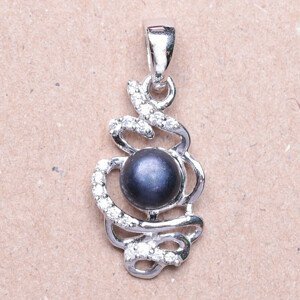 Přívěsek stříbrný s černou perlou a zirkony Ag 925 09711 BP - 1,7 cm, 1,8 g