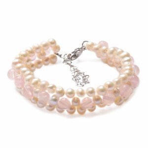 Dámský perlový náramek dvojitý bílé perly s růženínem - obvod cca 24 cm