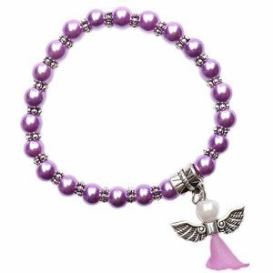 Dětský náramek z fialových skleněných perliček s andělíčkem - obvod cca 14 cm