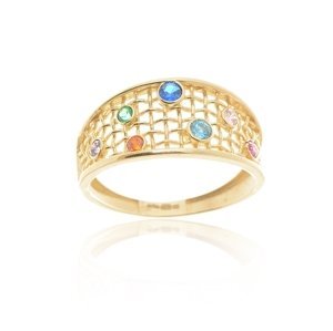 Dámský prsten ze žlutého zlata s barevnými zirkony PR0666F + DÁREK ZDARMA