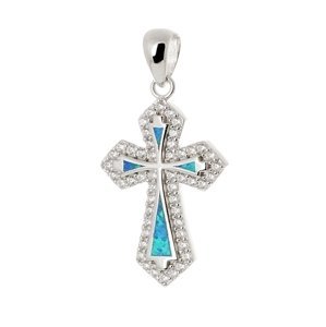 Stříbrný přívěšek křížek s modrým opálem STRZ0846F