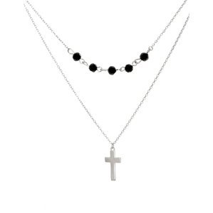 Dvojitý stříbrný náhrdelník s křížkem a korálky STNAH103F