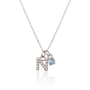 Stříbrný náhrdelník s modrým kamínkem a písmenem N SVLN0324XH2BI0N