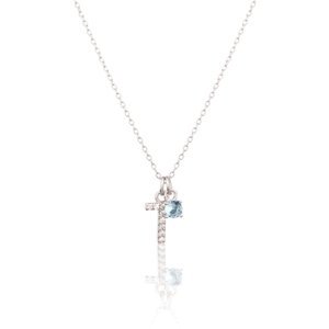Stříbrný náhrdelník s modrým kamínkem a písmenem T SVLN0324XH2BI0T