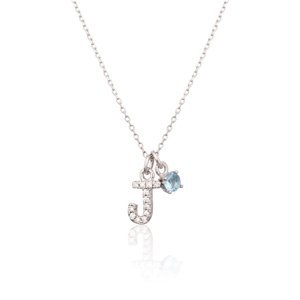 Stříbrný náhrdelník s modrým kamínkem a písmenem J SVLN0324XH2BI0J