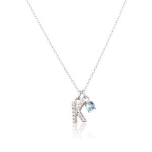 Stříbrný náhrdelník s modrým kamínkem a písmenem K SVLN0324XH2BI0K