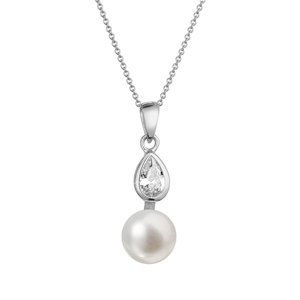 Zlatý 14 karátový náhrdelník bílé zlato s bílou říční perlou a zirkony 82PZ00048