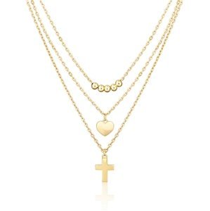Trojitý stříbrný pozlacený náhrdelník křížek a srdíčko STNAH160F