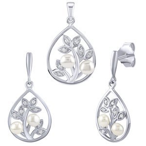 Stříbrný set šperků Arania s přírodními bílými perlami a Brilliance Zirconia - náušnice a př