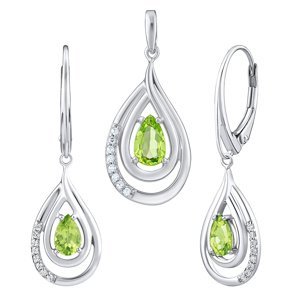 Luxusní stříbrný set šperků s pravým olivínem a zirkony - náušnice a přívěsek