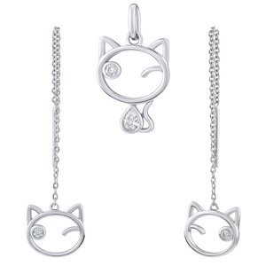Stříbrný set šperků kočka Betty s čirými Brilliance Zirconia - náušnice a přívěsek