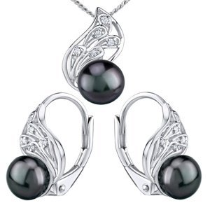 Stříbrný set šperků GENEVIE s přírodní perlou v barvě černá Tahiti - náušnice a přívěsek