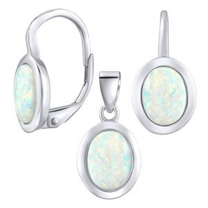 Luxusní stříbrný set šperků s bílým opálem - náušnice a přívěsek