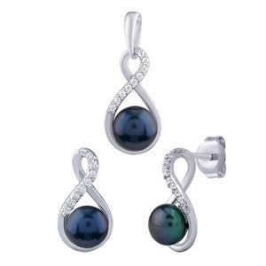Stříbrný set šperků s pravou černou perlou - náušnice a přívěsek