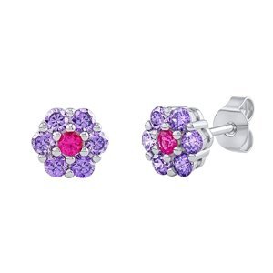 Stříbrné náušnice pecky květinky Lolly s Brilliance Zirconia fialovo růžové