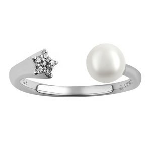 Otevřený stříbrný prsten Star s perlou a Brilliance Zirconia velikost obvod 55 mm