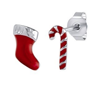 Stříbrné asymetrické náušnice pecky Santa - bota a cukrová hůlka