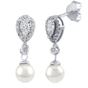 Stříbrné visací náušnice Dea s bílou přírodní perlou a Brilliance Zirconia