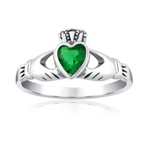Stříbrný prsten Claddagh se zeleným zirkonem velikost obvod 47 mm