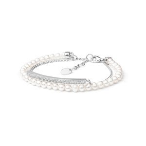 Dvojitý perlový náramek z přírodních bílých perel s řetízkem a zirkony a se stříbrným zapínáním