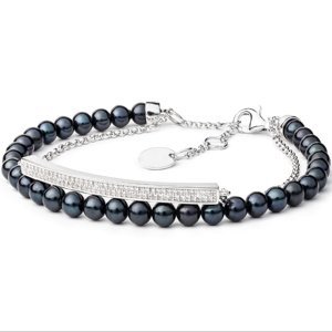 Dvojitý perlový náramek z přírodních černých perel s řetízkem a zirkony a se stříbrným zapínáním