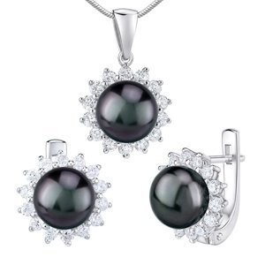Stříbrné šperky s přírodní perlou v černé barvě Tahiti - náušnice a přívěsek