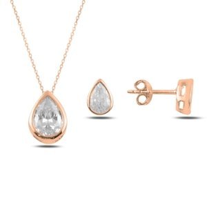 Klenoty Amber Stříbrná sada šperků zirkonová kapka rosegold- náušnice, náhrdelník