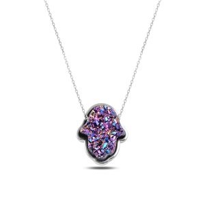 Klenoty Amber Stříbrný náhrdelník hamsa fialová drůza