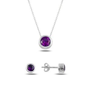 Klenoty Amber Stříbrná sada šperků pecky fialový kámen - náušnice, náhrdelník