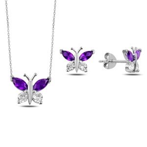 Klenoty Amber Stříbrná sada šperků motýl fialový - náušnice, náhrdelník