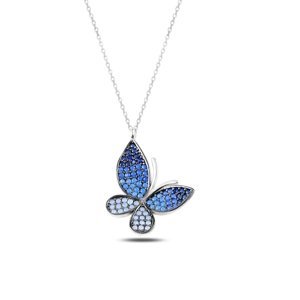 Klenoty Amber Stříbrný náhrdelník motýl s modrými zirkony