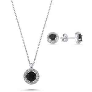 Klenoty Amber Stříbrná sada šperků kolečka černý kámen - náušnice, náhrdelník