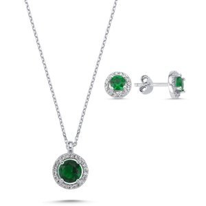 Klenoty Amber Stříbrná sada šperků kolečka zelený kámen - náušnice, náhrdelník