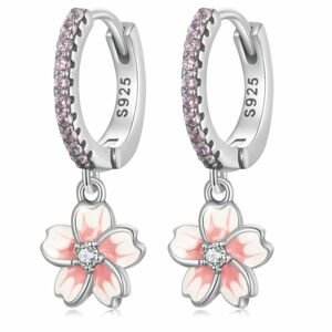 Klenoty Amber Stříbrné náušnice kroužky  s růžovou květinou