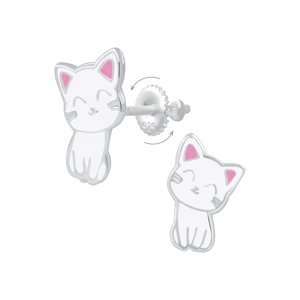 Klenoty Amber Stříbrné náušnice na šroubek Kočička bílá s růžovými oušky