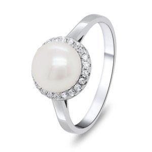 Brilio Silver Elegantní stříbrný prsten s perlou a zirkony RI034W 60 mm