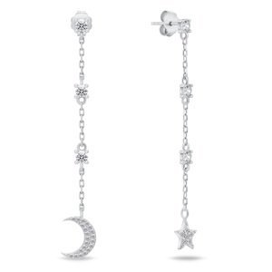 Brilio Silver Dlouhé stříbrné asymetrické náušnice Měsíc a Hvězda se zirkony EA832W