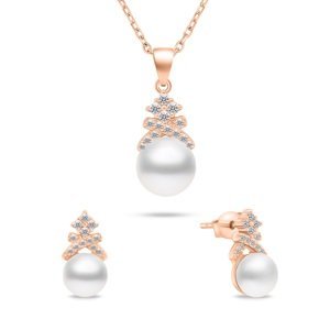 Brilio Silver Půvabný bronzový set šperků s perlami SET238R (náušnice, náhrdelník)