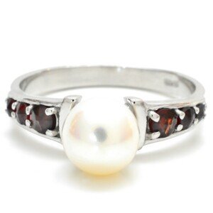 Granát Stříbrný nebo zlacený prsten český granát s perlou, 50, Rhodiování 08217