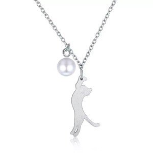 Linda's Jewelry Stříbrný náhrdelník Kočka s perlou Ag 925/1000 INH202