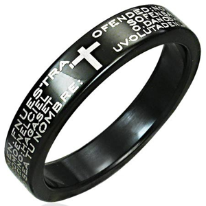 Prsten z nerezové oceli - černý s potiskem modlitby a křížem - Velikost: 54