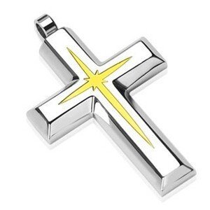 Ocelový přívěsek - kříž s vnitřním zlatým menším křížkem