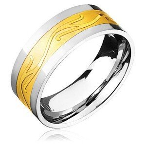 Ocelový prsten - zlato-stříbrný se zvlněným ornamentem - Velikost: 57