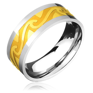 Dvoubarevný ocelový prsten - zlatý pás, motiv bouřlivých vln - Velikost: 59