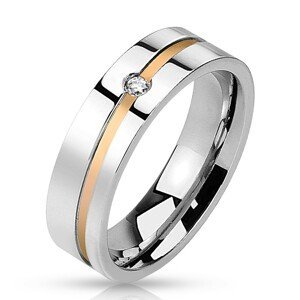 Ocelový prsten - zlatý pruh se zirkonem - Velikost: 49